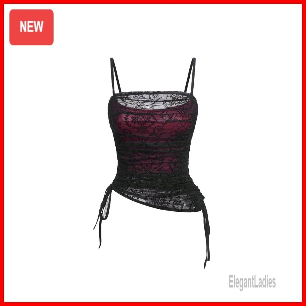 Ruched Lace Cami Top Sleeveless Drawstring Clubwear Gothic Tops